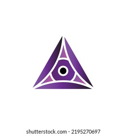 Futuristic purple gradient colored triangle logo with robotic eye. Logo for apps, technology, software, computer, data, robotic, artificial intelligence, and company.