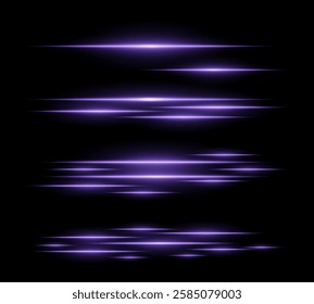 Futuristic purple light streaks set. Glowing horizontal laser beams motion blur on a dark background. Sci-fi energy lines, cyberpunk style, digital speed effects, and modern technology aesthetics.