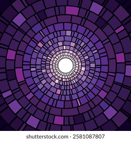 Futuristic purple mosaic tunnel. Abstract digital space of concentric circles creating a geometric illusion