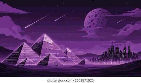 Futuristic purple pyramids and cityscape under a starry night sky with a large moon