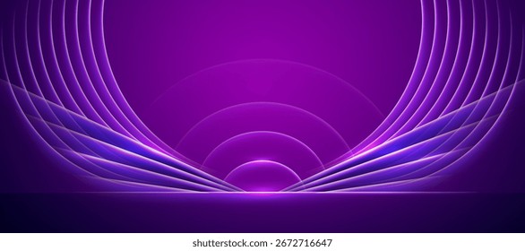 Estágio roxo futurista com arcos brilhantes em camadas