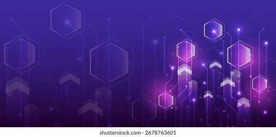 Fondo futurista de tecnología púrpura con hexágonos brillantes, líneas de circuito y flechas abstractas, que simbolizan la innovación, las redes y las conexiones digitales modernas.
