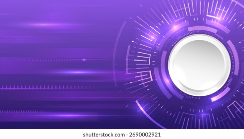 Fondo de tecnología púrpura futurista con interfaz circular brillante, líneas digitales y efectos de luz. Diseño tecnológico moderno para datos, innovación y comunicación digital.