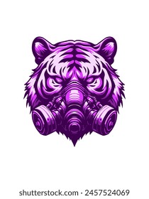 Futuristic purple tiger wearing gas mask, neon color, white background, logo, emblem, t shirt, artwork hand drawn illustration