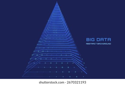 Futuristic pyramid 3d wireframe connecting circles on dark cyberspace background. Grid figure with line and dots. For technology or business concept.

