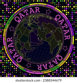 Futuristic Qatar on globe. Bright neon satelite view of the world centered to Qatar. Geographical illustration with shape of country and geometric background. Authentic vector illustration.