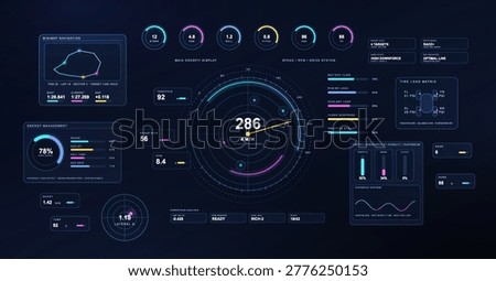 Futuristic Racing Cockpit HUD Dashboard Interface. Motorsport cockpit HUD with speedometer, minimap, energy management, tire load matrix, telemetry gauges and neon controls. Vector GUI interface