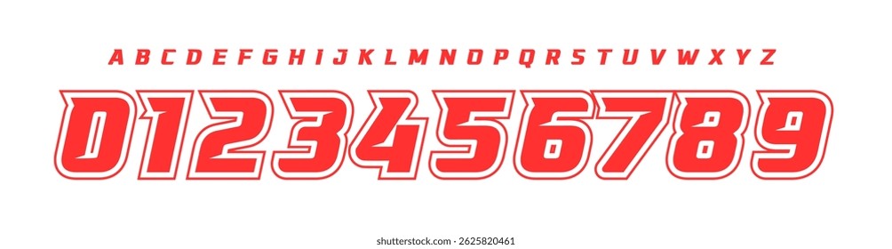 Fonte de número de corrida futurista, forte negrito alfabeto inclinado para esportes motorizados, futebol, marca de carro esportivo, eventos de corrida, números de camisa de esportes, ou interfaces digitais de ritmo rápido. Ilustração de vetor.