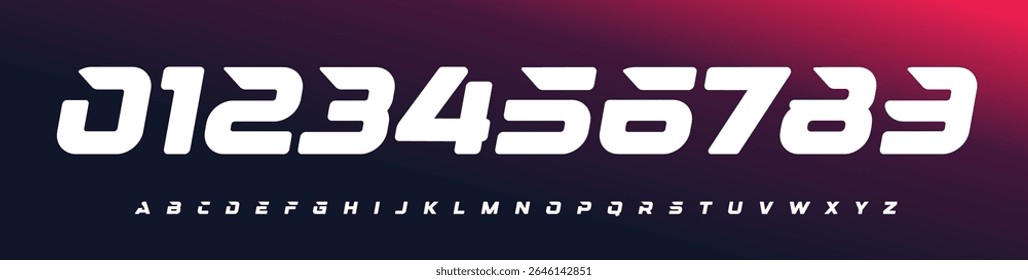 Fonte de número de corrida futurista, forte negrito alfabeto inclinado para e-sport, futebol, marca de carro esportivo, eventos de corrida, números de camisa de esportes, ou interfaces digitais de ritmo rápido. Ilustração de vetor.