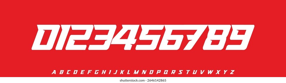 Futuristic Racing Number Font, Strong Bold Slanted Alphabet for automotive, soccer, sports car branding, race events, esports jersey numbers, or fast-paced digital interfaces. Vector Illustration.