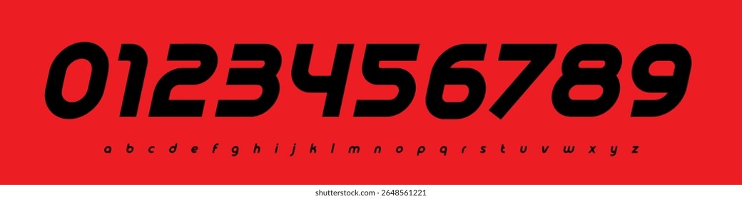 Futuristic Racing Number Font, Strong Bold Outline Alphabet for motorsports, soccer, sports car branding, race events, esports jersey numbers, or fast-paced digital interfaces. Vector Illustration.