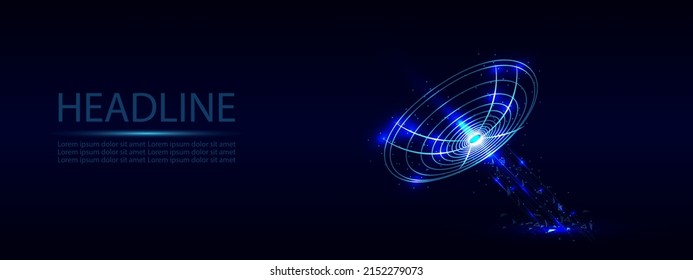 Futuristic Radar Antenna Space Defence Abstract Technology Concept With Dots And Lights. Scanning Detect Military Danger Maneuver Wireframe Mesh 3D Warfare. Satellite Weapon Vector Illustration. 