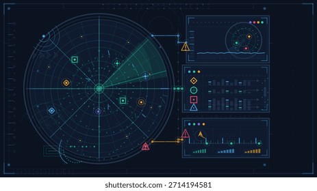 Futuristic radar HUD interface with circular scanning display and analytics panels for tracking targets, surveillance, and defense technology.