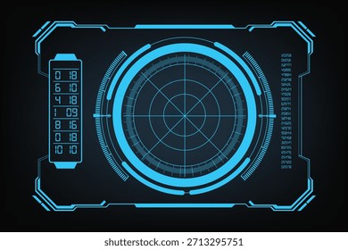 Interfaz HUD de radar futurista: escáner de objetivos de ciencia ficción azul neón, pantalla de seguimiento digital, tablero de interfaz de usuario circular y superposición de Tecnología cibernética en fondo oscuro
