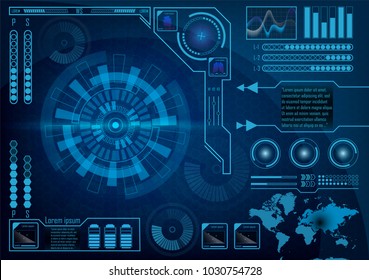Futuristic radar screen user interface. HUD. Infographics futuristic blue background. GUI hologram set with world map. Digital business data for web app. Head-up display elements. Vector EPS 10.