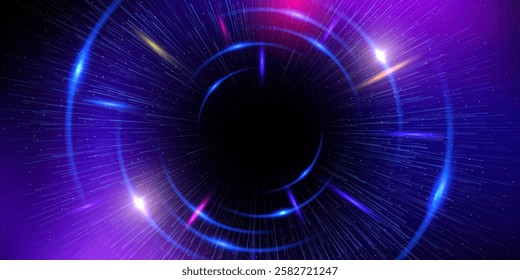 Futuristic Radial Burst of Energy in a Cosmic Light background, glowing vibrant blue and purple light beam concentric circles