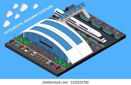 Futuristic railway station isometric composition with spacious station speed train and elevated pedestrian crossing vector illustration