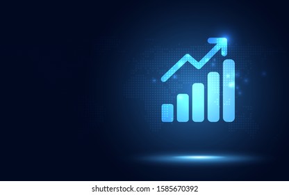 Futuristic Raise Arrow With Bar Chart Graph Digital Transformation Abstract Technology Background. Big Data And Business Growth Currency Stock And Investment Economy Market Share Concept.