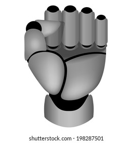 Futuristic, raised up clenched cyborg hand 