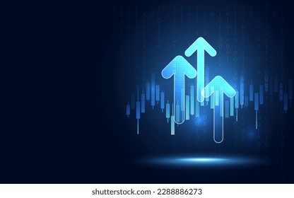 Futuristic raised triple-up arrow chart with candlesticks digital transformation abstract technology background. Big data and business growth currency stock and investment economy. Vector illustration