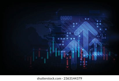 Futuristic raised triple-up arrow chart with candlesticks digital transformation abstract technology background. Big data and business growth currency stock and investment economy. Vector illustration