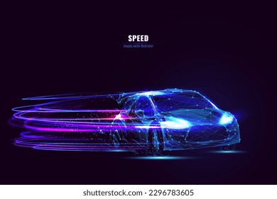 Futuristic rally car in motion with neon fast lines and particles. Technological concept of high speed and energy. Abstract digital sport car consists of low polygons, connected dots and blue lines.