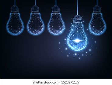 Futuristic raw of glowing  low polygonal electric light bulbs on dark blue background. Business idea, creativity, best solution, efficiency concept. Modern wire frame design vector illustration.