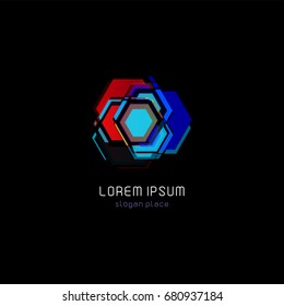 Futuristic reactor abstract colorful vector logo template. Innovative technologies digital design effect logotype on black background.