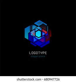 Futuristic reactor abstract colorful vector logo template. Innovative technologies digital design effect logotype on black background.