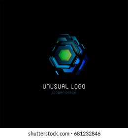 Futuristic reactor abstract colorful vector logo template. Innovative technologies digital design effect logotype on black background.