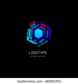 Futuristic reactor abstract colorful vector logo template. Innovative technologies digital design effect logotype on black background.