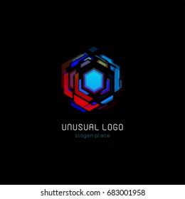 Futuristic reactor abstract colorful vector logo template. Innovative technologies digital design effect logotype on black background.
