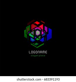 Futuristic reactor abstract colorful vector logo template. Innovative technologies digital design effect logotype on black background.