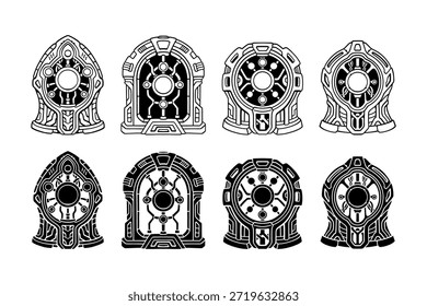 Futuristic reactor core outline icon set. Cyber energy generator machinery unit silhouette collection. Space, Galaxy, Alien, Game, Adventure, Sci fi, Fantasy, Technology. Vector illustration