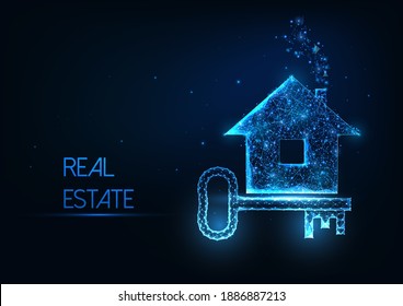 Futuristic real estate agency concept with glowing low polygonal residential house and door key on dark blue background. Modern wireframe mesh design vector illustration.