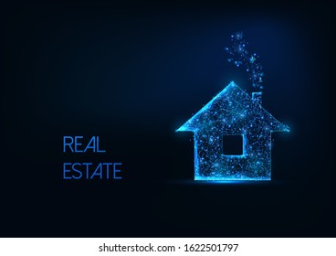 Futuristic real estate business concept with glowing low polygonal residential house symbol isolated on dark blue background. Modern wire frame mesh design vector illustration.