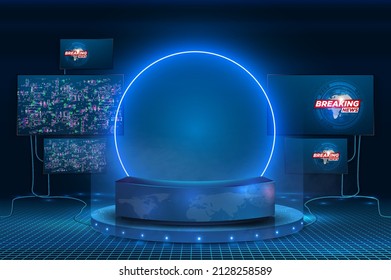 Ein futuristisches realistisches Studio für die Aufnahme von Fernsehprogrammen Wirkung von Brecheisen. Dunkler Cyberspace mit brennenden Monitoren, Drähten und Arbeitsgeräten. Tabelle, Podium, Präsentationsmonitor.