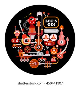 Futuristic Recording Studio vector illustration. Round shape art collage of a musical instruments and electronic equipment isolated on a black background. 