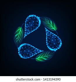 Futuristic recycle sign made of glowing low polygonal water drops and green leaves isolated on dark blue background. Ecology logo, recycling concept. Modern design vector illustration.