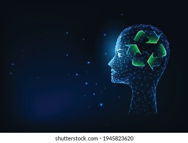 Futuristic recycling concept with glowing low polygonal human head and rercycle sign