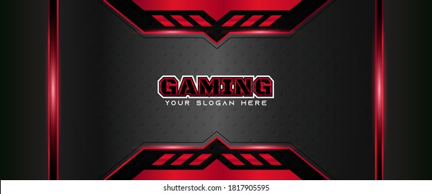 Plantilla de diseño de banner de juego abstracto rojo y negro futurista con concepto de tecnología de metal. Ilustración vectorial para la promoción empresarial, encabezado de juego, medios sociales, transmisión en directo