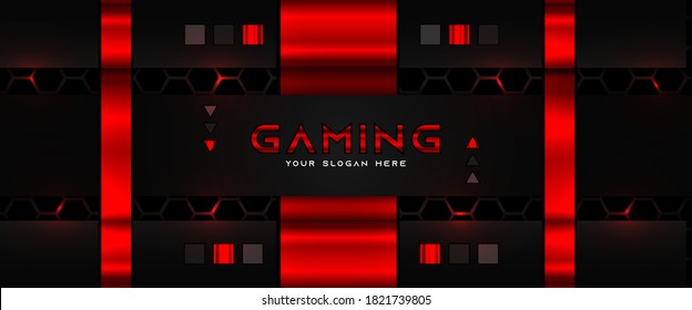 Futuristic red and black abstract gaming banner design template with metal technology concept. Vector illustration for business corporate promotion, game header social media, live streaming background