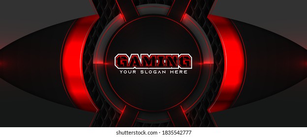 Futuristische rot-schwarz-abstrakte Spielbanner-Design-Vorlage mit Metalltechnologie-Konzept. Vektorgrafik für die Werbung für Unternehmen, Kopfzeilen sozialer Medien, Live-Streaming-Hintergrund