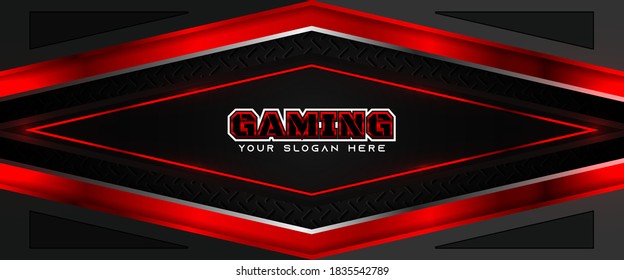 Futuristische rot-schwarz-abstrakte Spielbanner-Design-Vorlage mit Metalltechnologie-Konzept. Vektorgrafik für die Werbung für Unternehmen, Kopfzeilen sozialer Medien, Live-Streaming-Hintergrund