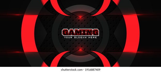 Plantilla de diseño de banner de juego abstracto rojo y negro futurista con concepto de tecnología de metal. Ilustración vectorial para la promoción empresarial, encabezado de juego, medios sociales, transmisión en directo