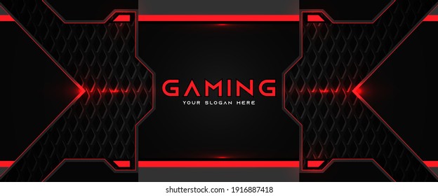 Plantilla de diseño de banner de juego abstracto rojo y negro futurista con concepto de tecnología de metal. Ilustración vectorial para la promoción empresarial, encabezado de juego, medios sociales, transmisión en directo