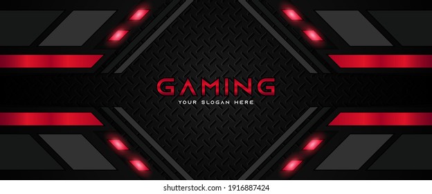 Futuristic red and black abstract gaming banner design template with metal technology concept. Vector illustration for business corporate promotion, game header social media, live streaming background