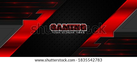 Futuristic red and black abstract gaming banner design template with metal technology concept. Vector illustration for business corporate promotion, game header social media, live streaming background