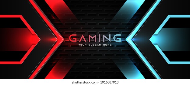 Futuristic red and blue abstract gaming banner design template with metal technology concept. Vector illustration for business corporate promotion, game header social media, live streaming background