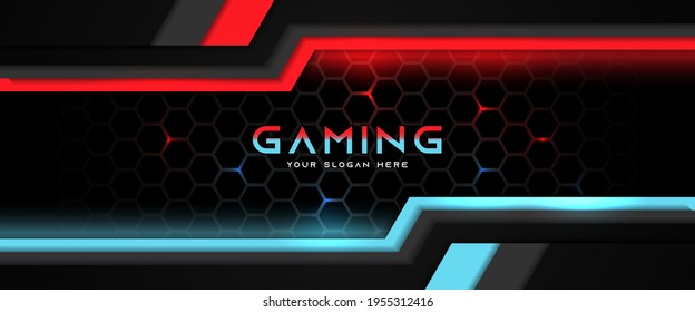 Futuristic red and blue abstract gaming banner design template with metal technology concept. Vector illustration for business corporate promotion, game header social media, live streaming background